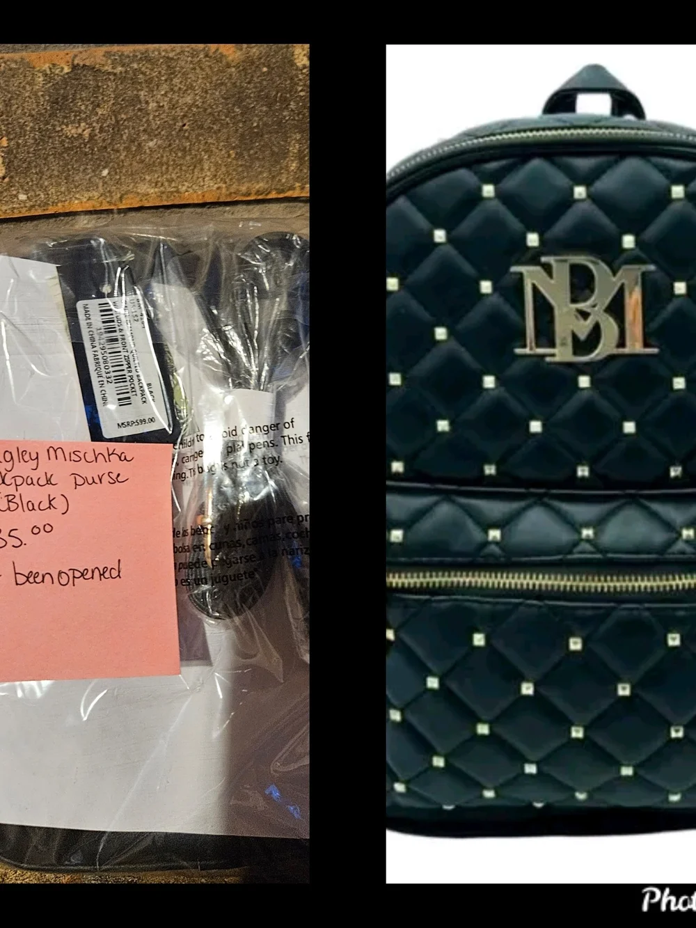 Badgley Mischka Black Quilted Mini Backpack with Gold Logo